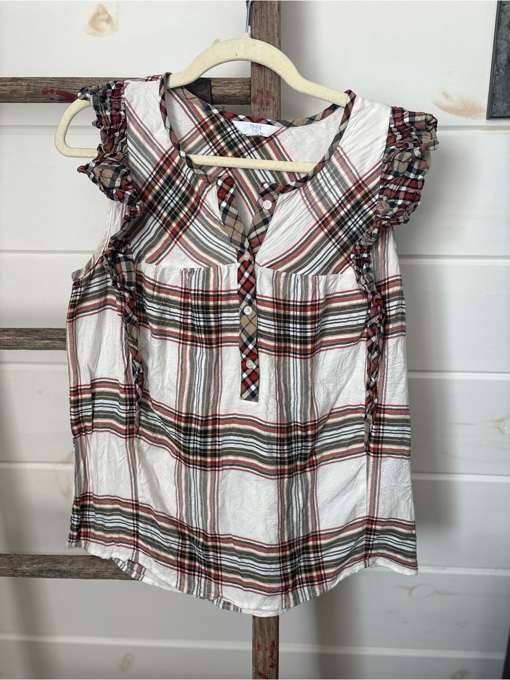 Time and Tru White Plaid Ruffle Sleeve Camisole with Red & Green Accents